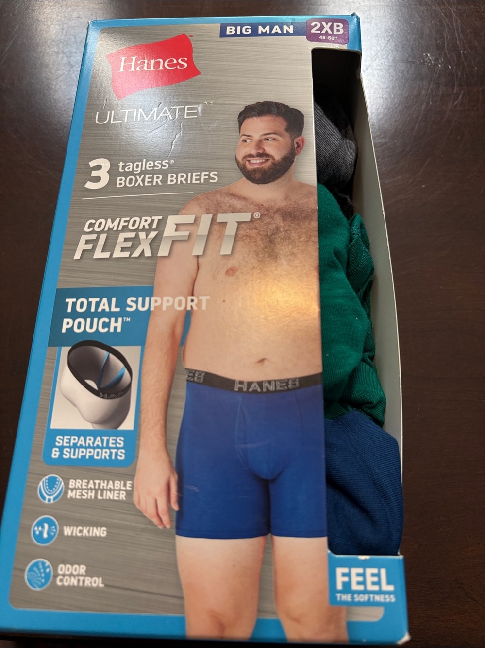 Hanes 3Pk Blue Green Gray Tagless Comfort FlexFit Support Pouch Boxer Briefs NWT